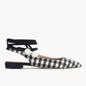 J. Crew Lily Ballet Flats Gingham Print Navy White with Ankle Wrap Size 9